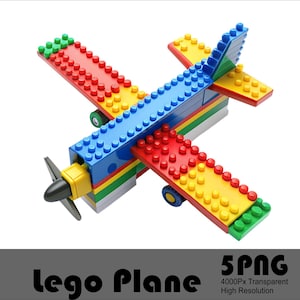 May include: A colorful toy airplane made of Lego bricks. The plane is red, yellow, blue, and green. It has a propeller and wheels.