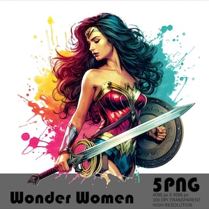 May include: A vibrant illustration of Wonder Woman, holding a sword and shield, set against a colorful splatter background. She wears her iconic costume with a golden tiara and armbands. The image includes the text "Wonder Women" and "5PNG".