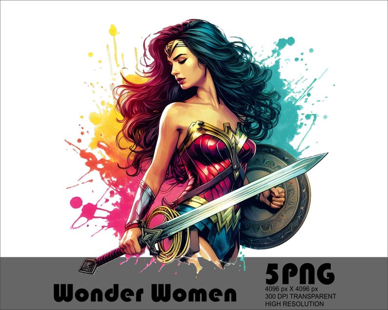 May include: A vibrant illustration of Wonder Woman, holding a sword and shield, set against a colorful splatter background. She wears her iconic costume with a golden tiara and armbands. The image includes the text "Wonder Women" and "5PNG".