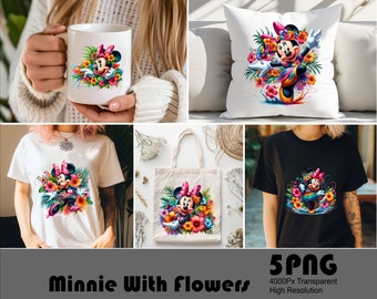 5 PNG Minnie in Flowers PNG Design, Girl Mouse High Resolution Tshirt and Sublimation File Splash Watercolor Transparent Png Download File