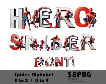 Carattere Ragno PNG Alfabeto Ragno PNG Numeri Ragno PNG Clipart Ragno Bundle Personaggi Supereroi Clipart PNG Web Font PNG Spider Doddle