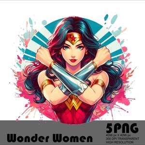 May include: Wonder Woman with her arms crossed, wearing her iconic red, blue, and gold costume. She has a red star on her forehead and a golden tiara. The background is a colorful abstract design with splashes of pink, blue, and white.
