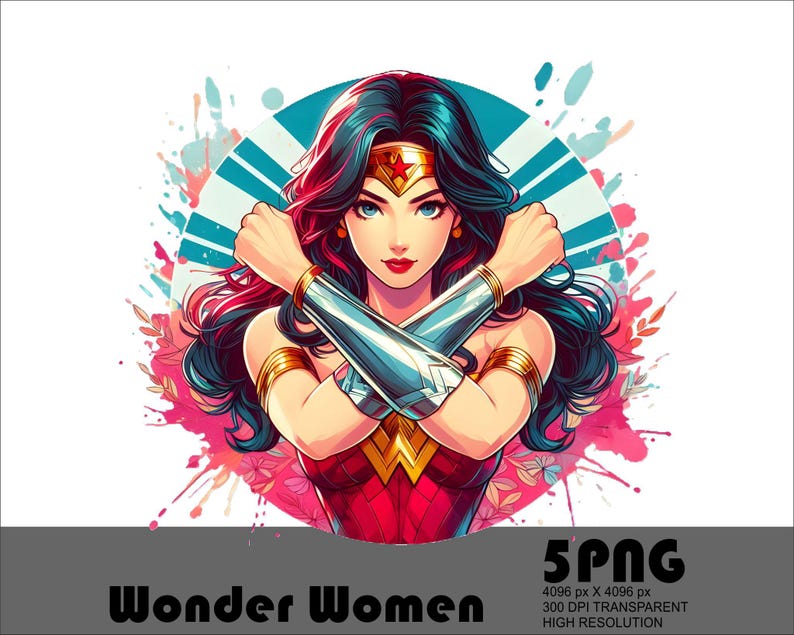 May include: Wonder Woman with her arms crossed, wearing her iconic red, blue, and gold costume. She has a red star on her forehead and a golden tiara. The background is a colorful abstract design with splashes of pink, blue, and white.