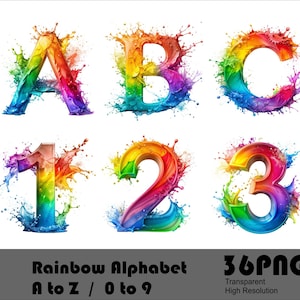 Fichier PNG aquarelle Splash aquarelle arc-en-ciel et nombres fichier PNG lettres de l'alphabet arc-en-ciel Design sublimation PNG Design fichier numérique à télécharger