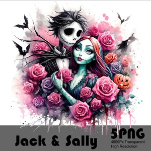 Może przedstawiać: Cyfrowa ilustracja Jacka Skellingtona i Sally z filmu Koszmar przed świętami. Są otoczeni r&oacute;żowymi i fioletowymi r&oacute;żami i nietoperzami. Tło to akwarela w odcieniach r&oacute;żu i bieli.