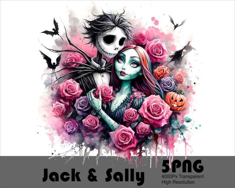 Może przedstawiać: Cyfrowa ilustracja Jacka Skellingtona i Sally z filmu Koszmar przed świętami. Są otoczeni r&oacute;żowymi i fioletowymi r&oacute;żami i nietoperzami. Tło to akwarela w odcieniach r&oacute;żu i bieli.
