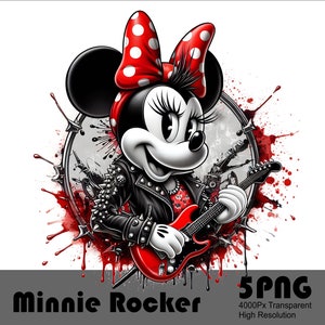 5 PNG Minnie Rocker Punk PNG Diseño Camiseta de alta resolución y archivo de sublimación Mouse Splash y acuarela PNG transparente Descargar archivo