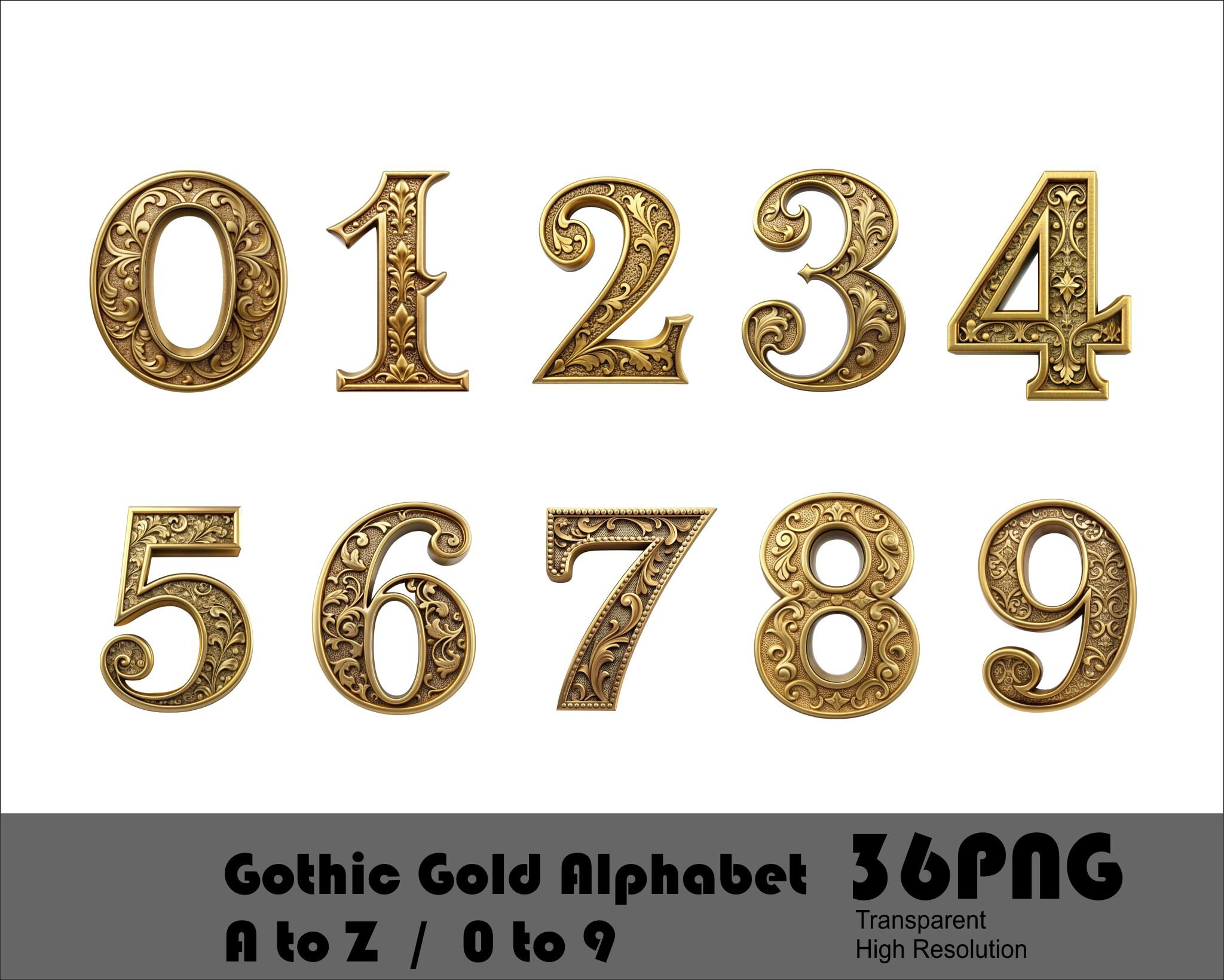 Gothic Gold Alphabet and Numbers PNG File Gothic Alphabet Letters Fancy ...