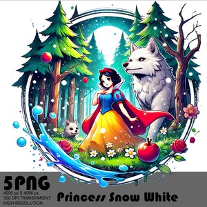 Op de afbeelding: Een digitale illustratie van Sneeuwwitje, een prinses uit het sprookje, die in een bos staat met een wolf en een kleine witte hond. Ze draagt een gele jurk met een rode cape en een kroon. De achtergrond is een bos met bomen en bloemen.
