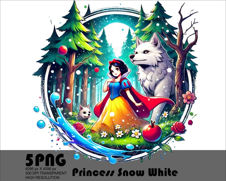 Op de afbeelding: Een digitale illustratie van Sneeuwwitje, een prinses uit het sprookje, die in een bos staat met een wolf en een kleine witte hond. Ze draagt een gele jurk met een rode cape en een kroon. De achtergrond is een bos met bomen en bloemen.