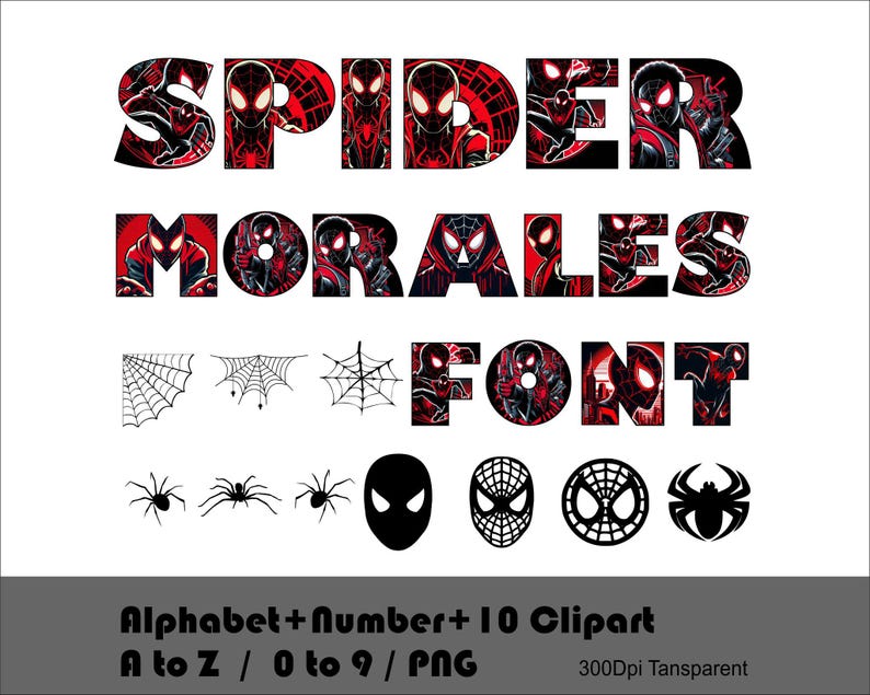 Może przedstawiać: Zestaw czcionek w kolorze czarnym i czerwonym z napisem "Spider Morales Font" i obrazami postaci Spider-Mana. Zestaw czcionek zawiera alfabet, cyfry i 10 obraz&oacute;w clipart.