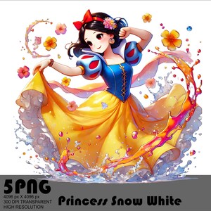 Op de afbeelding: Een cartoonillustratie van Sneeuwwitje, een Disney-prinses, die een gele en blauwe jurk draagt met een rode strik in haar haar. Ze is omringd door kleurrijke waterspetters en bloemen.