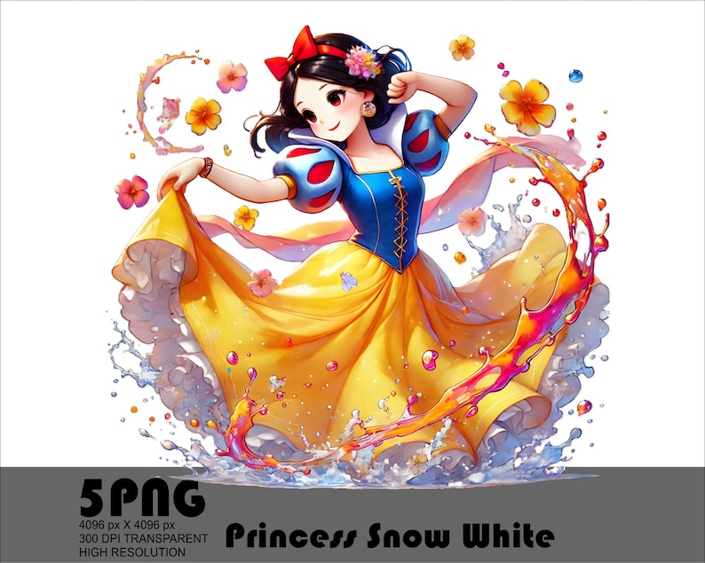Op de afbeelding: Een cartoonillustratie van Sneeuwwitje, een Disney-prinses, die een gele en blauwe jurk draagt met een rode strik in haar haar. Ze is omringd door kleurrijke waterspetters en bloemen.