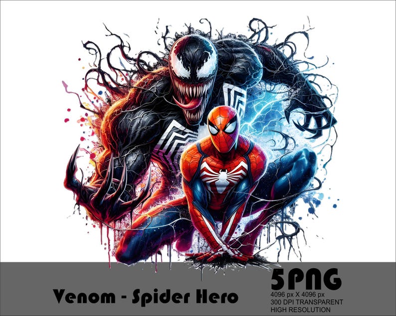 May include: A digital illustration of Venom and Spider-Man in a dynamic pose. Venom is black with a white spider symbol on his chest, while Spider-Man is red and blue with a black spider symbol on his chest. The background is a colourful abstract design.