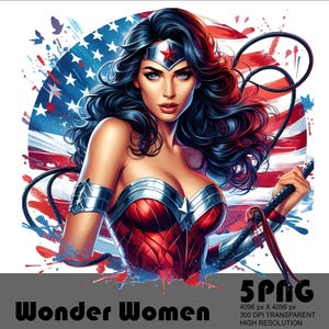 May include: A digital illustration of Wonder Woman with a patriotic theme. She is depicted with dark hair, a silver tiara with a red star, and a red and blue costume. The background features an American flag design with red, white, and blue paint splatters.