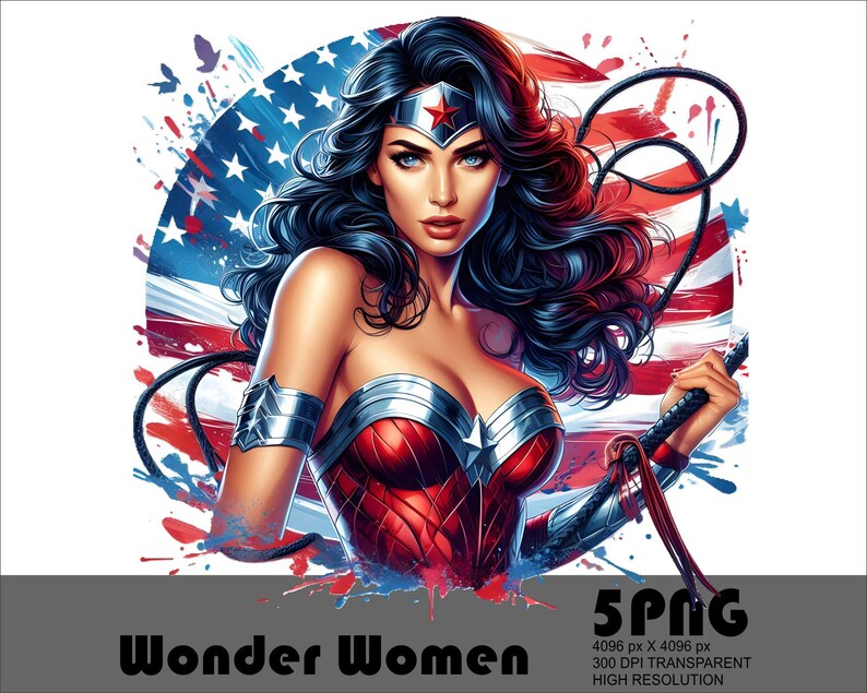 May include: A digital illustration of Wonder Woman with a patriotic theme. She is depicted with dark hair, a silver tiara with a red star, and a red and blue costume. The background features an American flag design with red, white, and blue paint splatters.