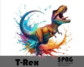 May include: A colorful T-Rex dinosaur with a bright orange, yellow, blue, and green paint splatter effect. The dinosaur is standing on its hind legs with its mouth open and tongue sticking out.