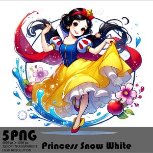 Op de afbeelding: Een cartoonillustratie van Sneeuwwitje, een Disney-prinses, die een gele jurk draagt met een rode cape en een blauw-witte bovenkant. Ze is omringd door water en bloemen.