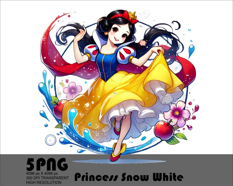 Op de afbeelding: Een cartoonillustratie van Sneeuwwitje, een Disney-prinses, die een gele jurk draagt met een rode cape en een blauw-witte bovenkant. Ze is omringd door water en bloemen.