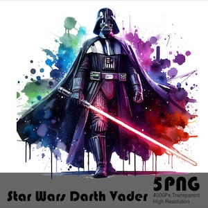 Puede incluir: Darth Vader, el villano icónico de Star Wars, está representado en un estilo de acuarela con un sable de luz rojo. El fondo presenta salpicaduras de acuarela de colores.