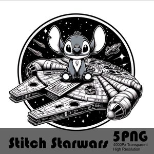 Könnte beinhalten: Eine Schwarzweißillustration von Stitch aus Lilo & Stitch, der auf dem Millennium Falcon aus Star Wars sitzt. Der Hintergrund ist ein schwarzer Kreis mit weißen Sternen.