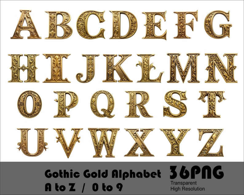 Gothic Gold Alphabet and Numbers PNG File Gothic Alphabet Letters Fancy ...