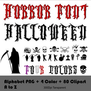 May include: Horror font alphabet in black with a red outline. The word "HALLOWEEN" is written in the font. The font is also shown in four colours: purple, grey, red, and black. There are 80 clipart images included, such as skulls, crosses, and a grim reaper.