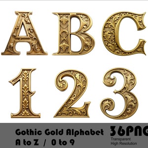 Alfabeto de ouro gótico e números PNG arquivo letras do alfabeto gótico fantasia letras de ouro design de fonte sublimação design PNG download digital