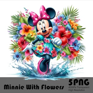 5 PNG Minnie con flores PNG Diseño camiseta de alta resolución y archivo de sublimación Girl Mouse Splash acuarela transparente PNG Descargar archivo