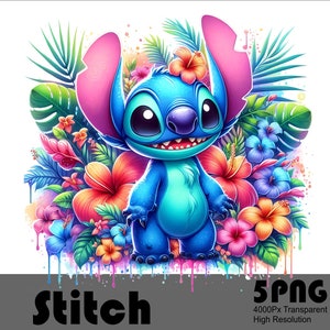 5PNG Stitch Flowers Splash and Watercolor Digital Design PNG File for Sublimation High Resolution Tshirt and Sublimation File Png Download