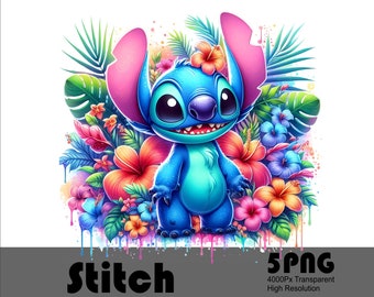 5PNG Stitch Flowers Splash and Watercolor Digital Design PNG File for Sublimation High Resolution Tshirt and Sublimation File Png Download