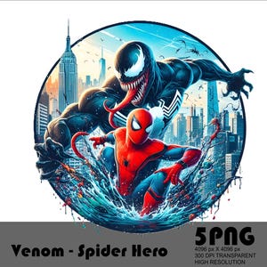 May include: Venom and Spider-Man are facing off in a dynamic pose, with Venom's black and white body and Spider-Man's red and blue suit standing out against a city skyline backdrop.
