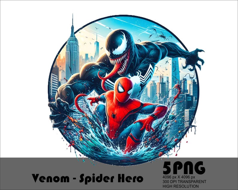 May include: Venom and Spider-Man are facing off in a dynamic pose, with Venom's black and white body and Spider-Man's red and blue suit standing out against a city skyline backdrop.