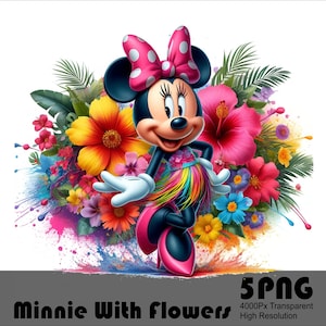 Minnie in Flowers 5 PNG Design, Fancy Girl Mouse Camiseta de alta resolução e arquivo de sublimação Splash Watercolor Transparent Png Download File