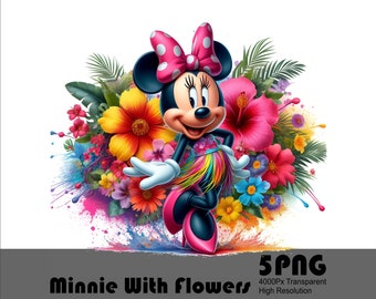 Minnie in Flowers 5 PNG Design, Fancy Girl Mouse High Resolution Tshirt and Sublimation File Splash Watercolor Transparent Png Download File