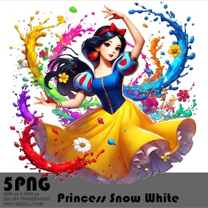 Op de afbeelding: Snow White, een Disney-prinses, is afgebeeld in een kleurrijke illustratie. Ze draagt een gele en blauwe jurk met een rode strik en een rood en wit lijfje. Ze is omringd door kleurrijke verfspatten.