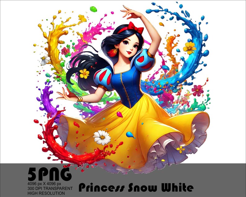 Op de afbeelding: Snow White, een Disney-prinses, is afgebeeld in een kleurrijke illustratie. Ze draagt een gele en blauwe jurk met een rode strik en een rood en wit lijfje. Ze is omringd door kleurrijke verfspatten.
