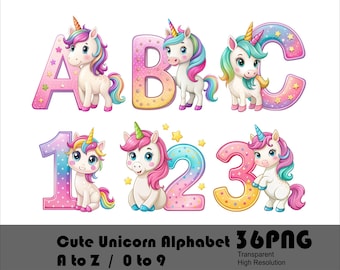 Unicorn Font Alphabet PNG Watercolor Unicorn Letters and Numbers for Sublimation Unicorn Cute Girl Design Font Alphabet Doodle Font PNG File