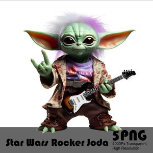 Könnte beinhalten: Eine grüne, cartoonartige Figur mit großen Ohren und lila Haaren, die eine Blumenjacke trägt und eine schwarz-weiße E-Gitarre hält. Die Figur macht eine Rock'n'Roll-Handgeste. Der Text "Star Wars Rocker Yoda" befindet sich am unteren Rand des Bildes.