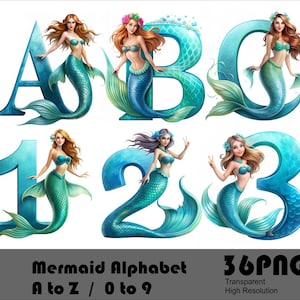 Polices sirène alphabet PNG aquarelle licorne lettres et chiffres pour sublimation sirène jolie fille police alphabet polices Doodle fichier PNG