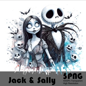 Może przedstawiać: Aquarela przedstawiająca Jacka Skellingtona i Sally z filmu Koszmar przed świętami. Obraz zawiera niebieskie i szare tło akwarelowe z czaszkami i nietoperzami. Tekst "Jack & Sally" znajduje się na dole obrazu.