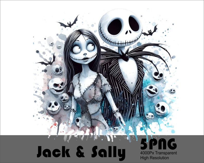 Może przedstawiać: Aquarela przedstawiająca Jacka Skellingtona i Sally z filmu Koszmar przed świętami. Obraz zawiera niebieskie i szare tło akwarelowe z czaszkami i nietoperzami. Tekst "Jack & Sally" znajduje się na dole obrazu.
