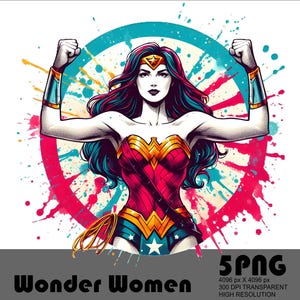 May include: A vibrant illustration of Wonder Woman with her arms raised in a flexed pose. She wears a red and gold bodice, blue shorts, and a golden tiara. The background features a splash of pink, teal, and yellow paint, with the text "Wonder Women" at the bottom.