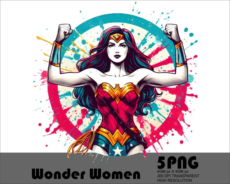 May include: A vibrant illustration of Wonder Woman with her arms raised in a flexed pose. She wears a red and gold bodice, blue shorts, and a golden tiara. The background features a splash of pink, teal, and yellow paint, with the text "Wonder Women" at the bottom.
