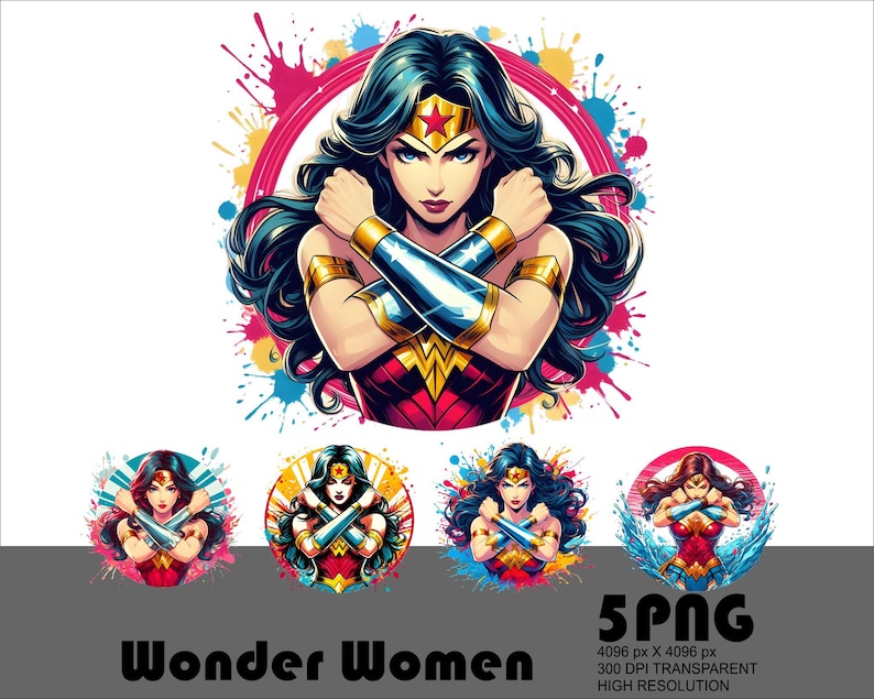 May include: Five digital illustrations of Wonder Woman with a colorful paint splatter background. Each image features Wonder Woman with her arms crossed, wearing her signature red, blue, and gold costume. The text "Wonder Women" and "5 PNG" are displayed below the images.