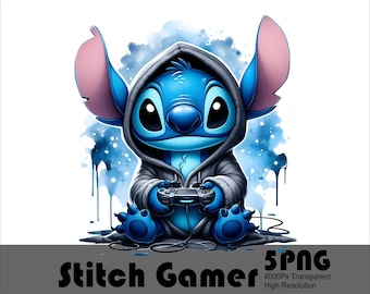5 PNG Stitch Gamer Splash Watercolor Digital Design PNG File for Sublimation High Resolution Tshirt and Sublimation File Png Download