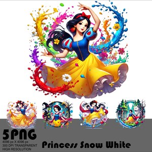 May include: Snow White, a Disney princess, is depicted in a colorful illustration with splashes of paint. She wears a yellow and white dress with a red bow in her hair. The image is set against a white background.