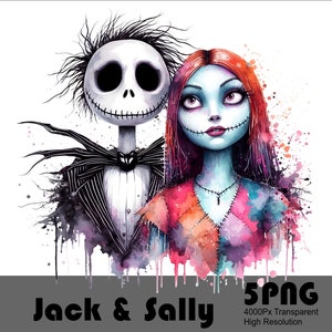 Może przedstawiać: Aquarela przedstawiająca Jacka Skellingtona i Sally z filmu Koszmar przed świętami. Jack ma na sobie sw&oacute;j charakterystyczny garnitur w prążki i muszkę, a Sally nosi sukienkę z patchworku. Obraz ma kolorowe tło akwarelowe.