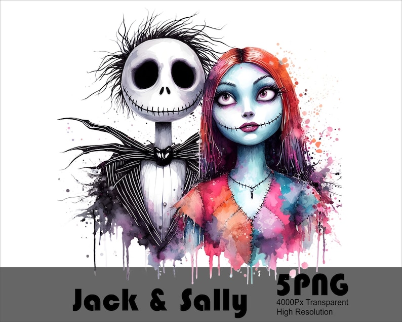 Może przedstawiać: Aquarela przedstawiająca Jacka Skellingtona i Sally z filmu Koszmar przed świętami. Jack ma na sobie sw&oacute;j charakterystyczny garnitur w prążki i muszkę, a Sally nosi sukienkę z patchworku. Obraz ma kolorowe tło akwarelowe.