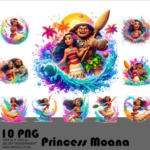 Op de afbeelding: Een verzameling van tien PNG-afbeeldingen met Prinses Moana en Maui, in levendige aquarel-stijl. De illustraties tonen tropische scènes met oceaangolven, palmbomen en een zonsondergang. Hoge resolutie.
